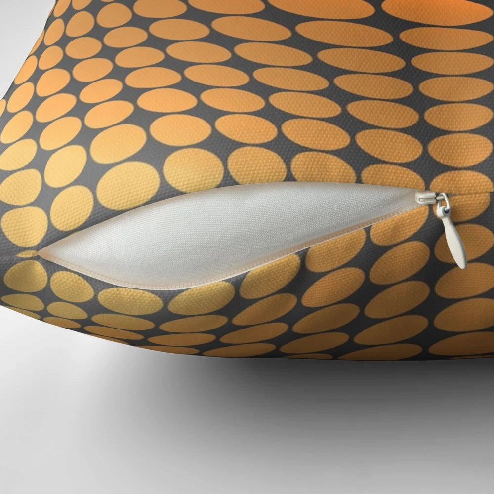 Vibrant op art pillow featuring geometric shapes and optical illusion pattern inspired by the work of artist Victor Vasarely.