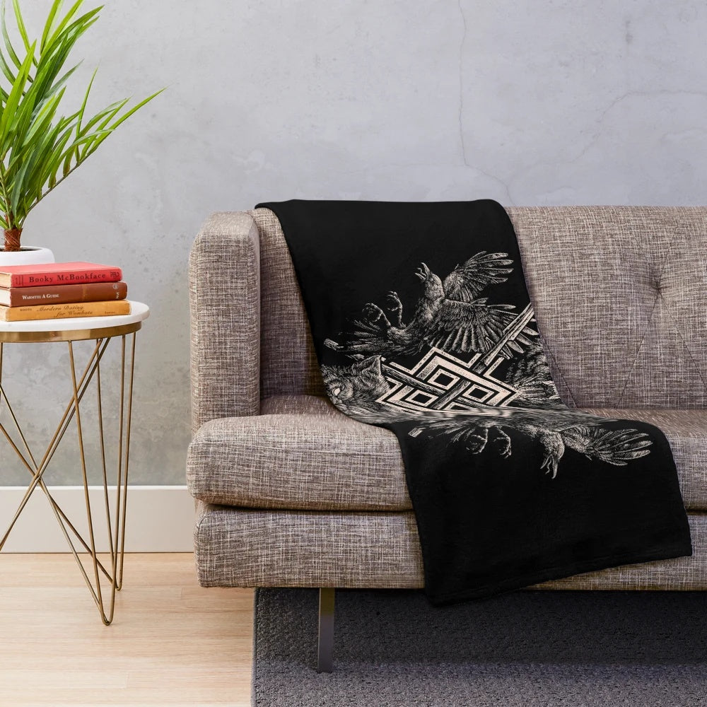 Plush blanket featuring a Viking wolf, raven, and Norse mythology symbolism