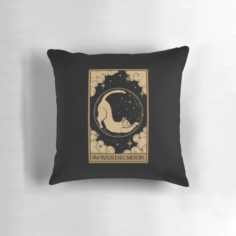 Intricate 'Waning Moon - Meow Phases' Pillow featuring beautiful moon cycle and cat design