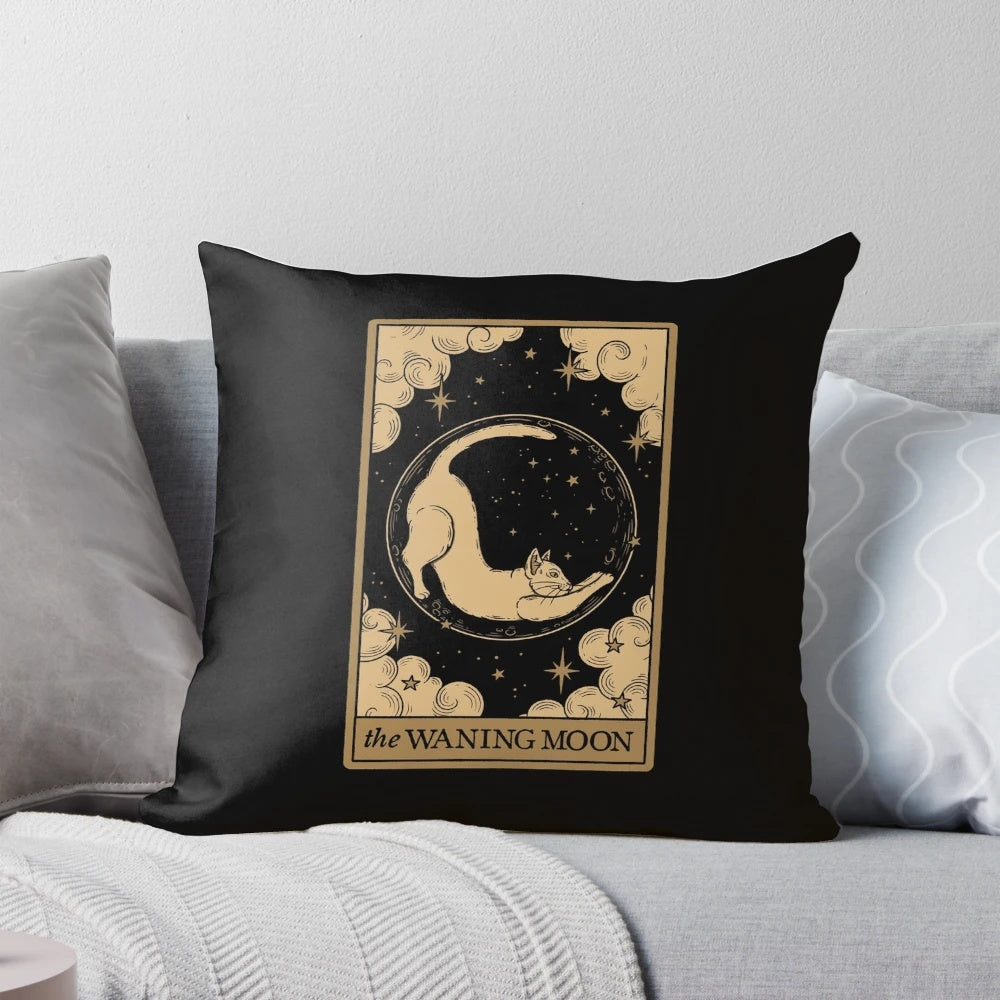 Intricate 'Waning Moon - Meow Phases' Pillow featuring beautiful moon cycle and cat design