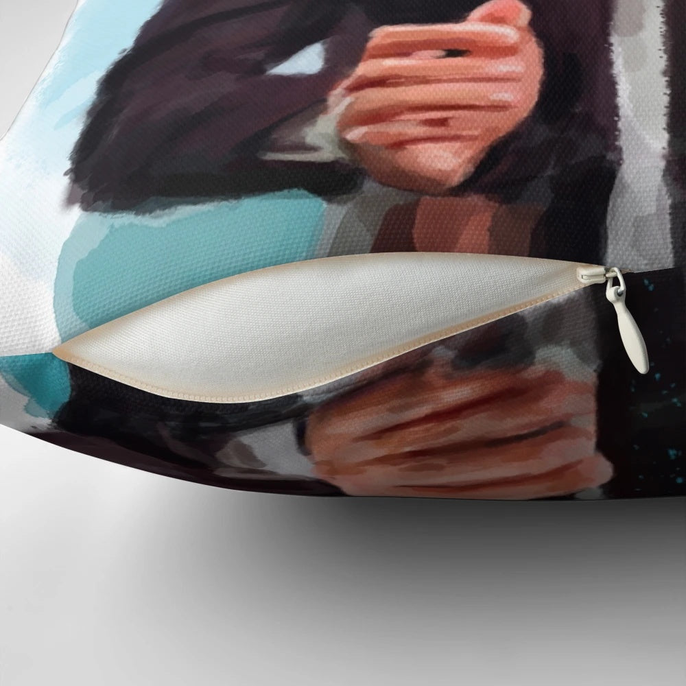 Watercolor portrait pillow featuring a magical and fun depiction of a man
