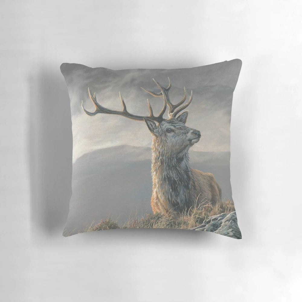 Realistic painting of a majestic red deer stag in the Scottish Highlands