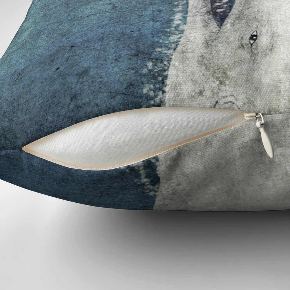 Decorative white whale pillow with a vintage, nautical design