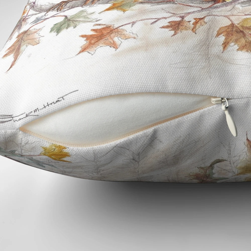 Pillow featuring a stunning wild bird artwork design with a cardinal, blue jay, and finch in a natural setting.