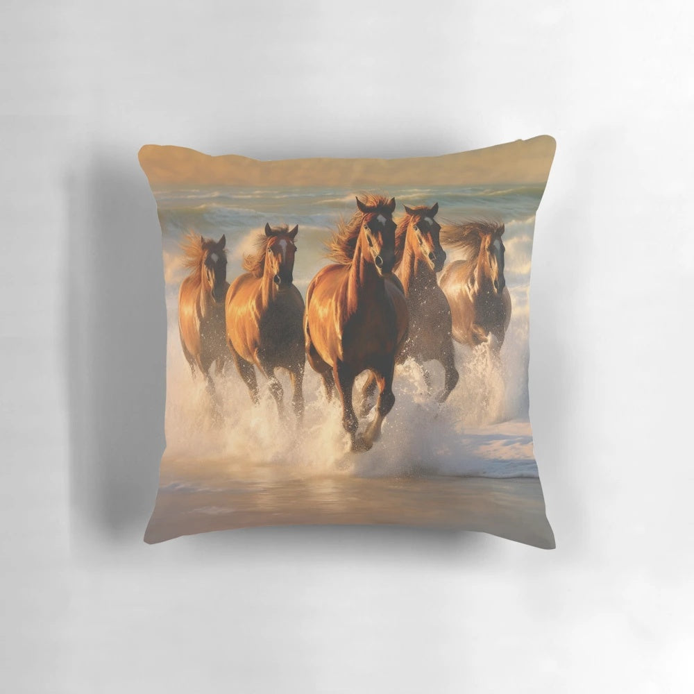 A beautiful throw pillow featuring a scenic image of wild horses galloping along a beach with crashing ocean waves.
