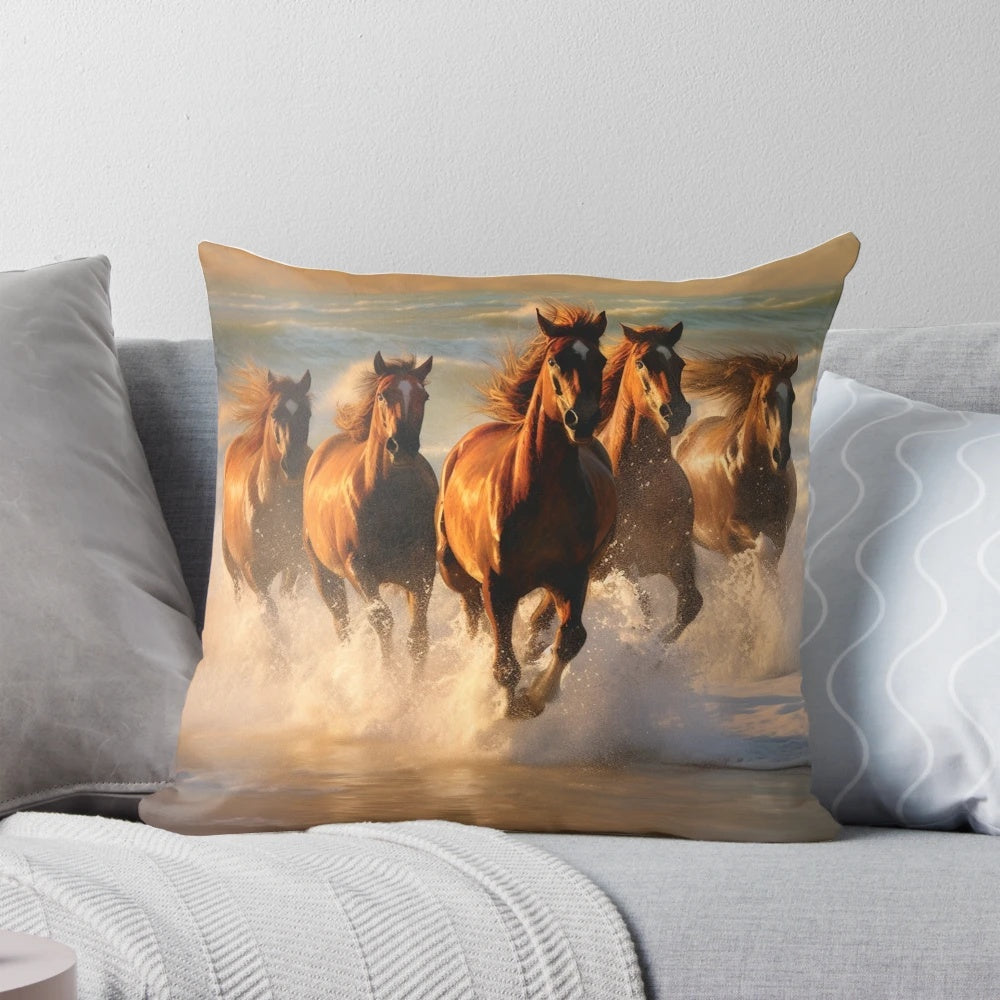 A beautiful throw pillow featuring a scenic image of wild horses galloping along a beach with crashing ocean waves.