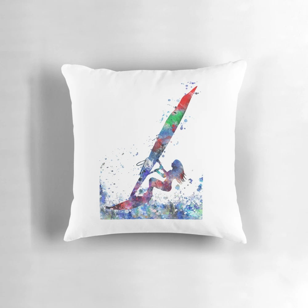 Vibrant watercolor painting of a windsurfing woman on a decorative throw pillow