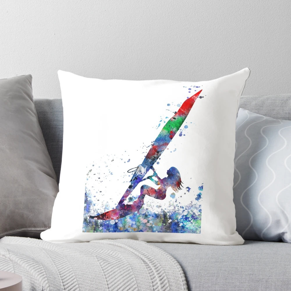 Vibrant watercolor painting of a windsurfing woman on a decorative throw pillow