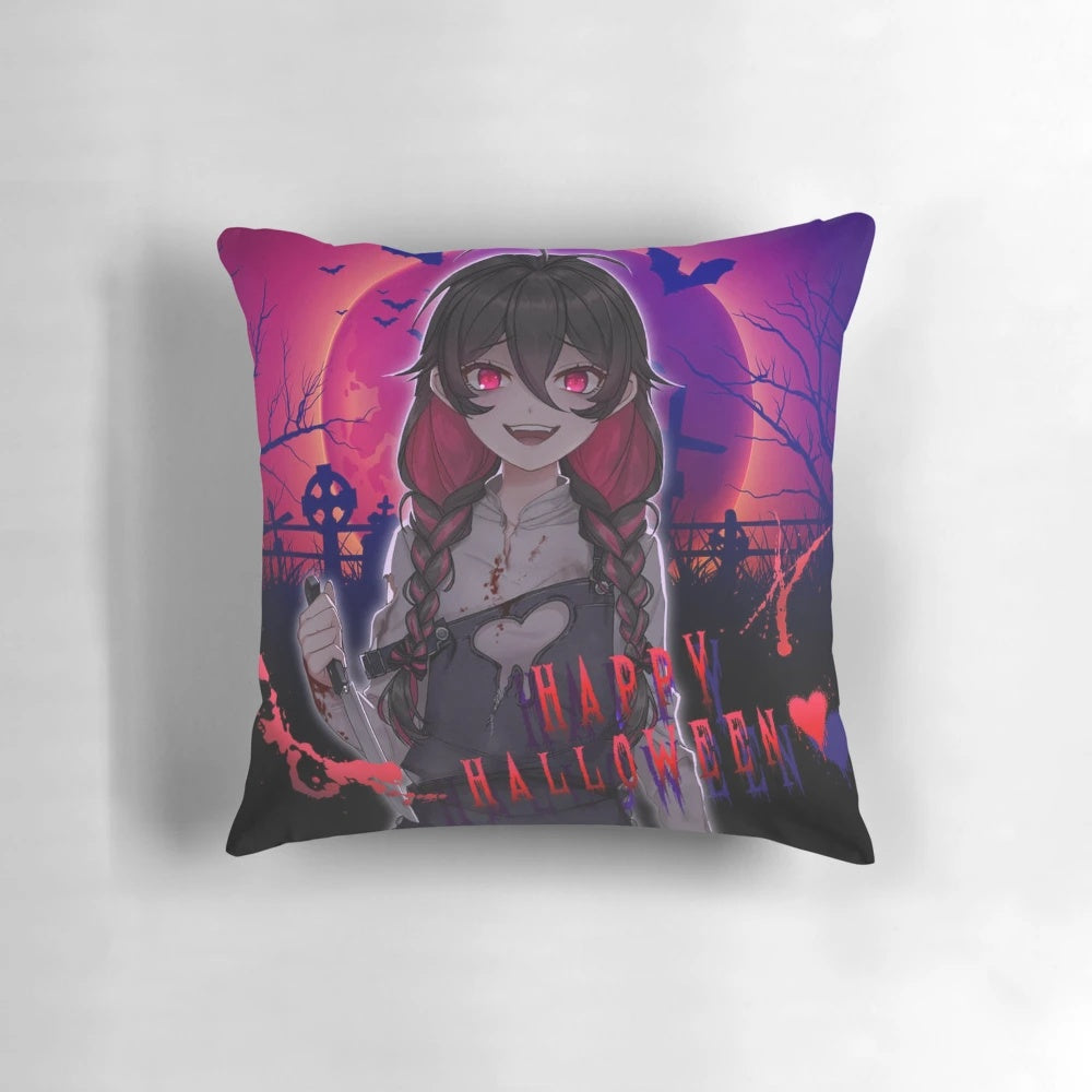Vibrant red Kimiko pillow featuring a "yandere" character design from a Japanese horror romance visual novel