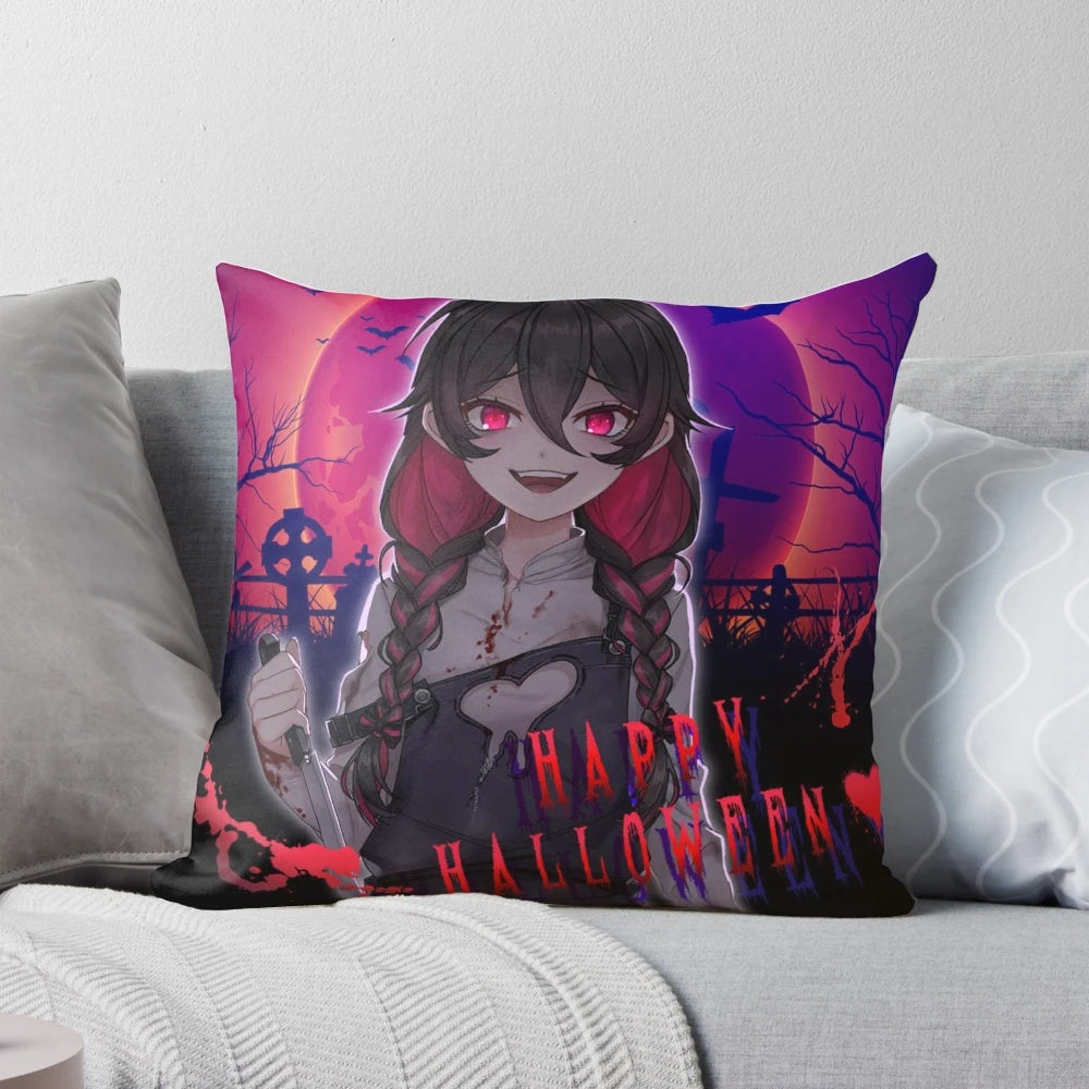 Vibrant red Kimiko pillow featuring a "yandere" character design from a Japanese horror romance visual novel