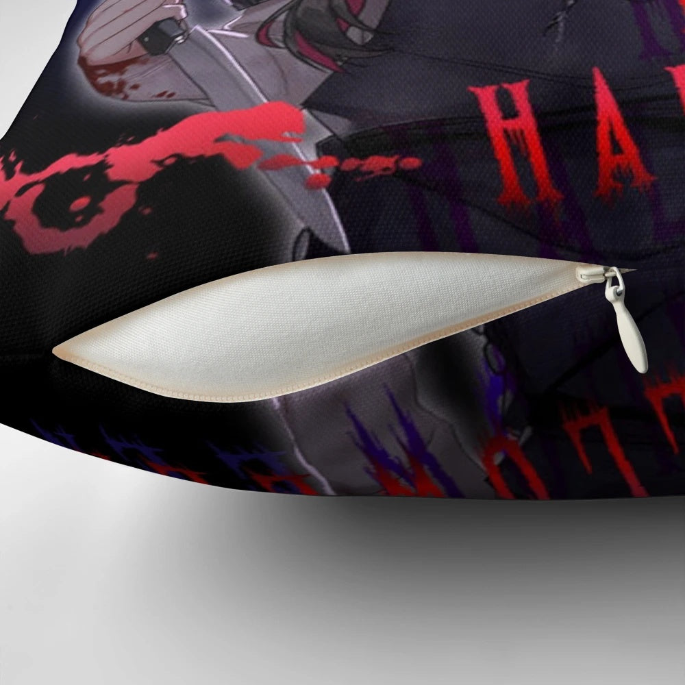 Vibrant red Kimiko pillow featuring a "yandere" character design from a Japanese horror romance visual novel