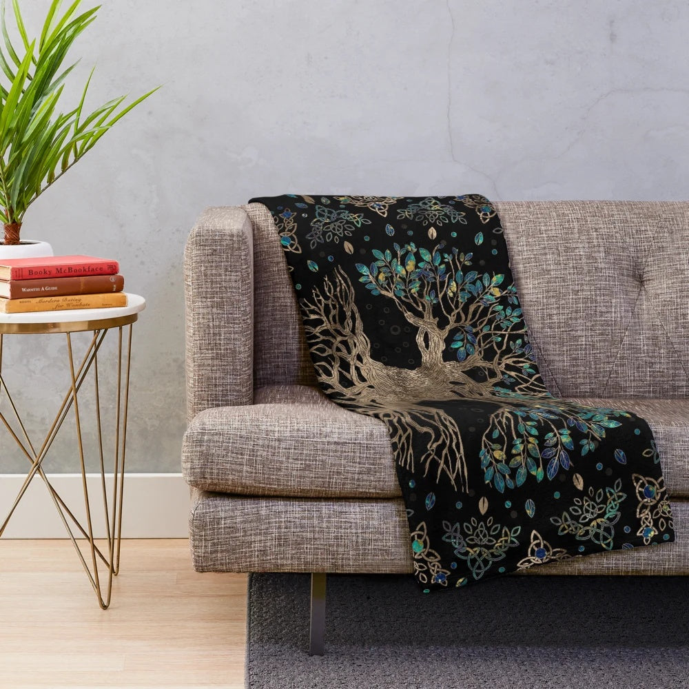 Yggdrasil, the Norse mythological tree of life, depicted in a golden and marble ornament design on a cozy plush blanket.