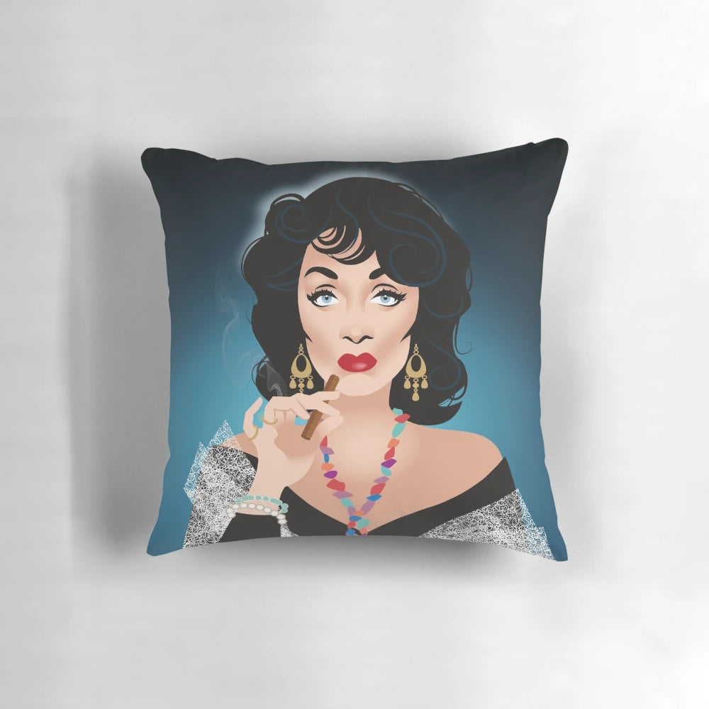 Striking "Your Future's All Used Up" pillow featuring a film noir-inspired design with a femme fatale character