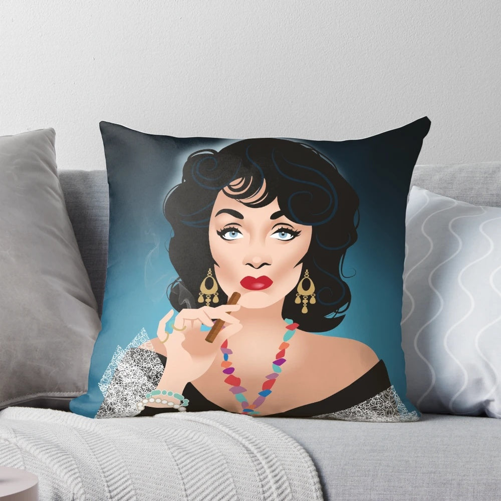 Striking "Your Future's All Used Up" pillow featuring a film noir-inspired design with a femme fatale character