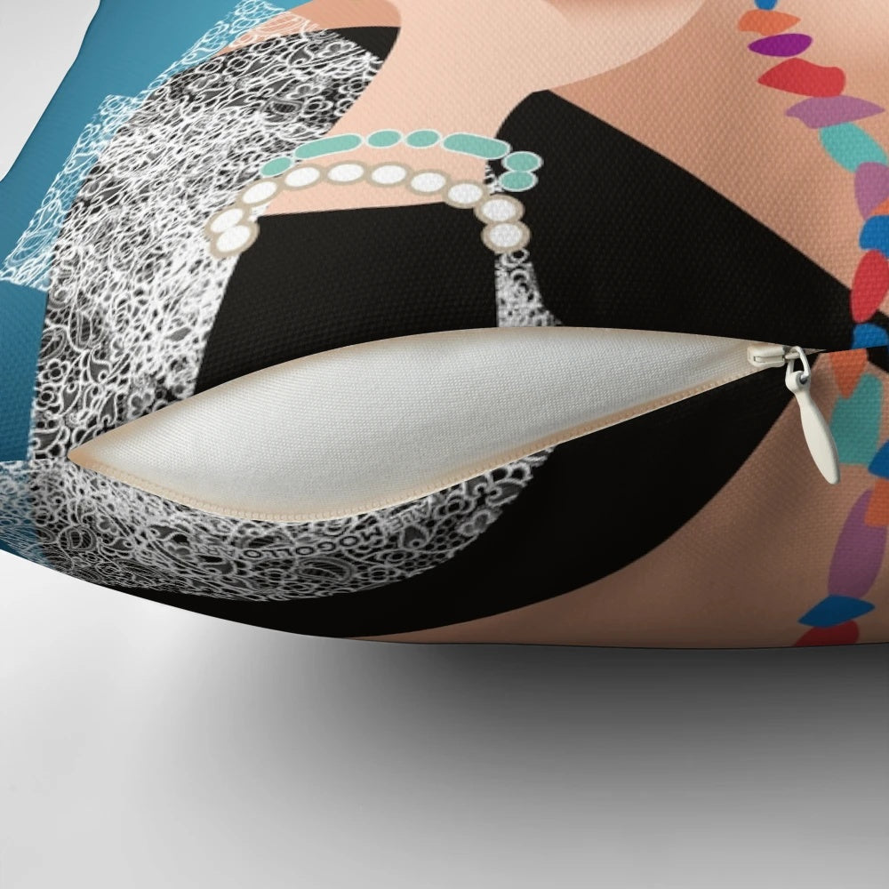 Striking "Your Future's All Used Up" pillow featuring a film noir-inspired design with a femme fatale character
