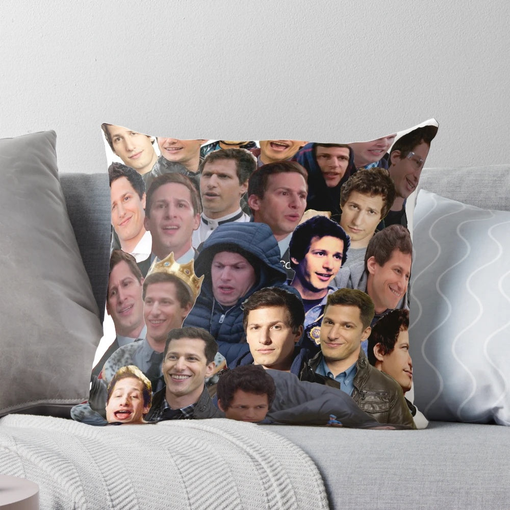 Jake Peralta, the beloved character from Brooklyn Nine Nine, captured in a playful paparazzi-style image on a soft, comfortable pillow.