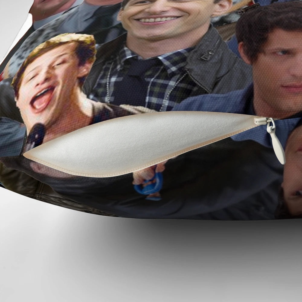 Jake Peralta, the beloved character from Brooklyn Nine Nine, captured in a playful paparazzi-style image on a soft, comfortable pillow.