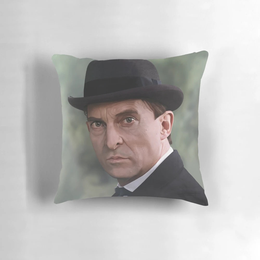 Photorealistic digital portrait of a Victorian-era detective on a decorative pillow