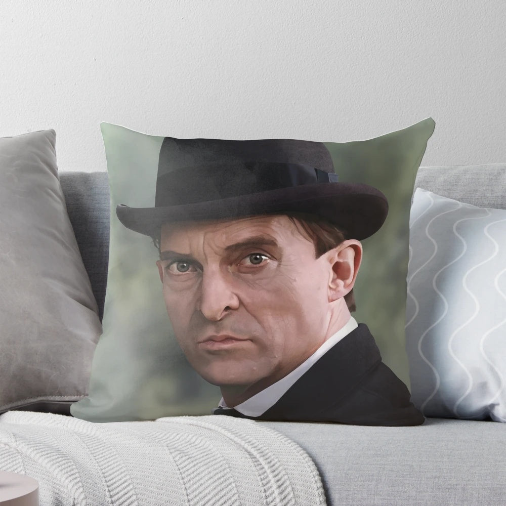 Photorealistic digital portrait of a Victorian-era detective on a decorative pillow