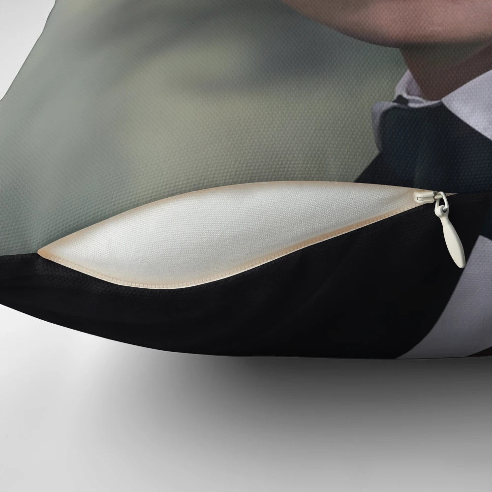 Photorealistic digital portrait of a Victorian-era detective on a decorative pillow
