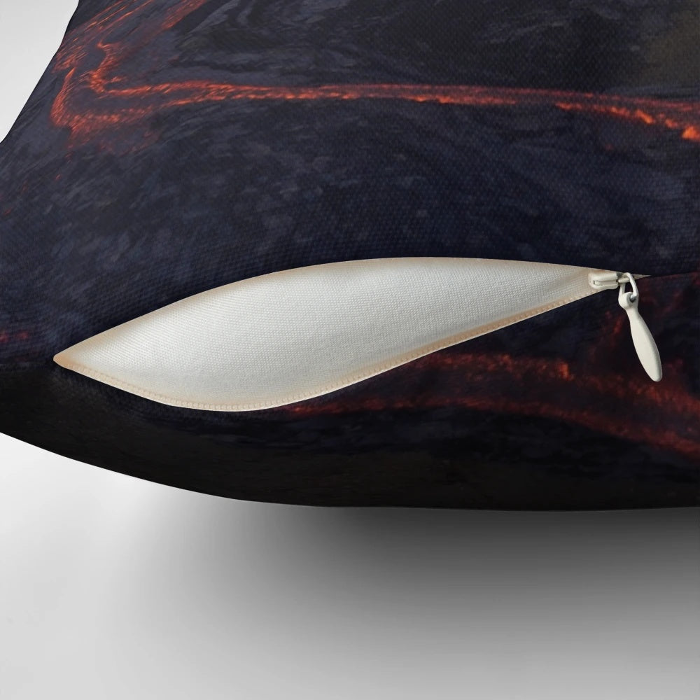 Volcanic eruption inspired pillow featuring fiery red and black lava design