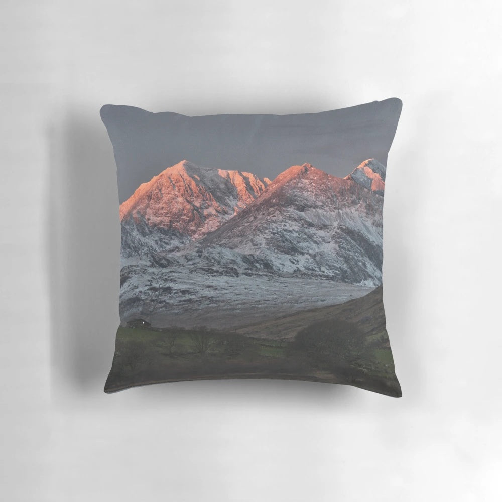 Pillow featuring a breathtaking sunrise over the Snowdon summit in Snowdonia, North Wales.