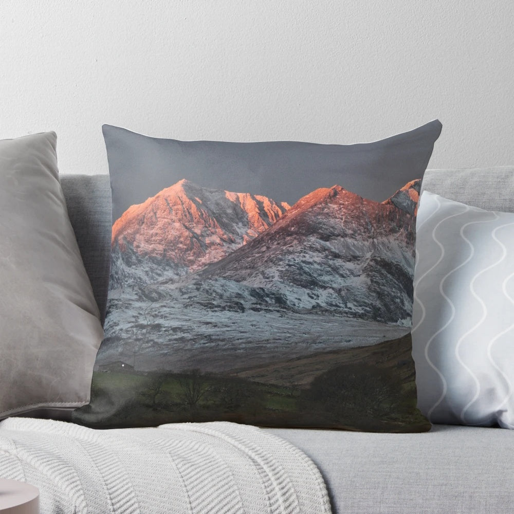 Pillow featuring a breathtaking sunrise over the Snowdon summit in Snowdonia, North Wales.