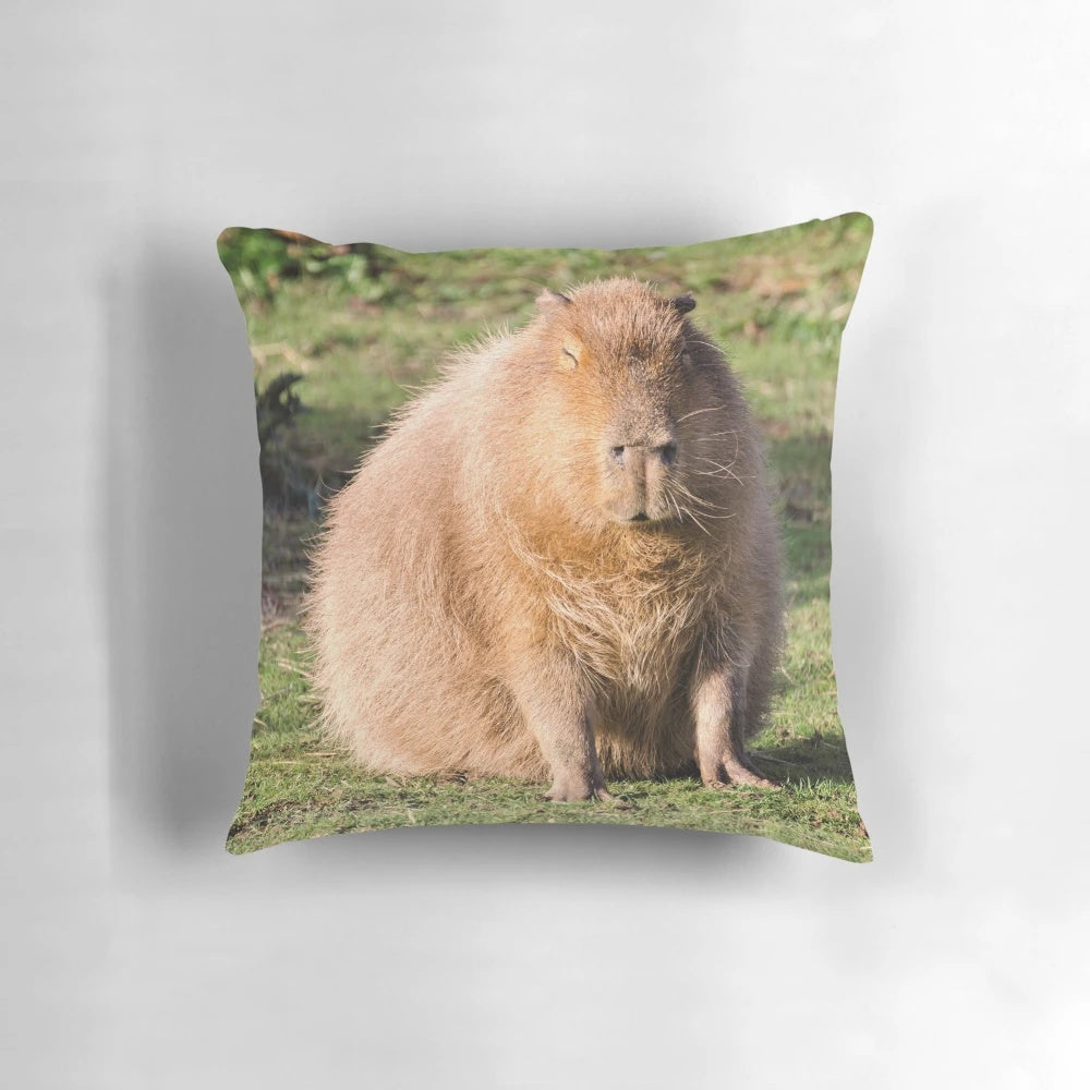 Plush pillow with image of a capybara, a large, friendly rodent native to South America