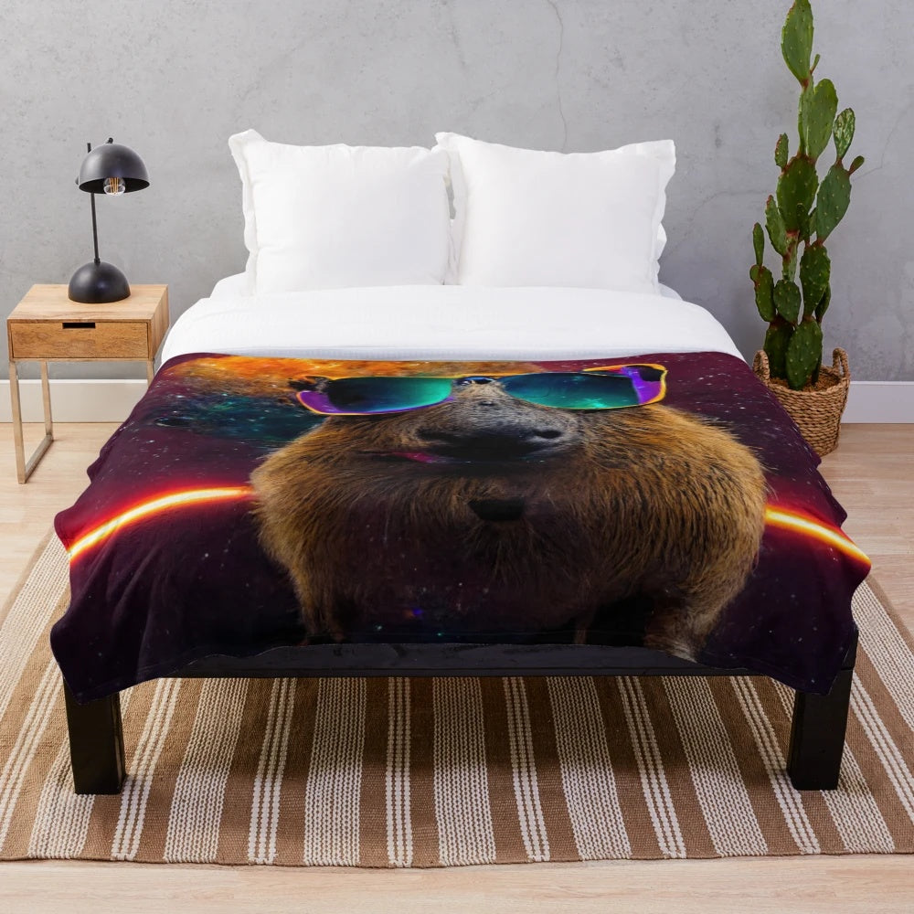 Capybara plush blanket with sunglasses, meme-inspired design