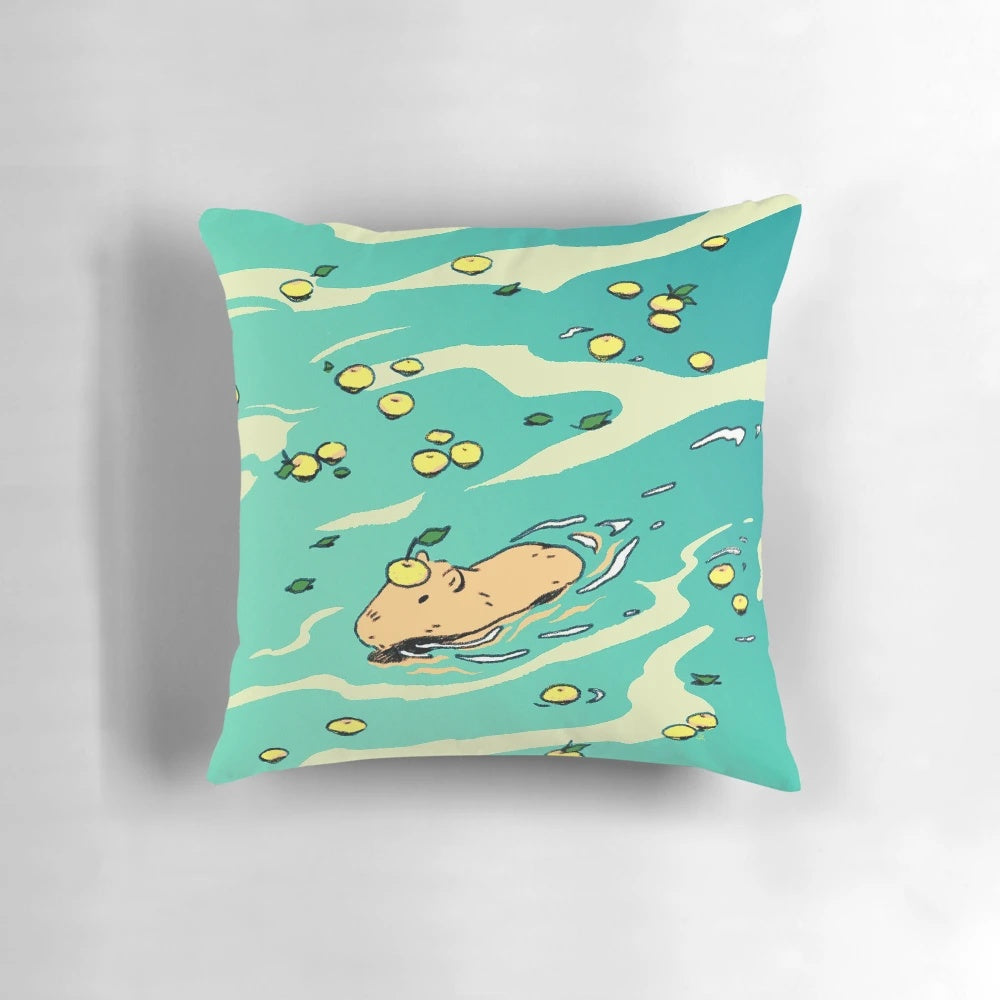 Soft and plush capybara-themed pillow with yuzu design
