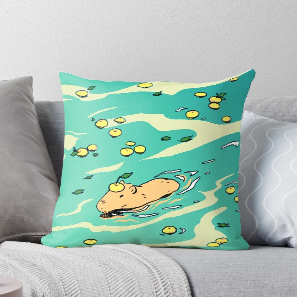 Soft and plush capybara-themed pillow with yuzu design