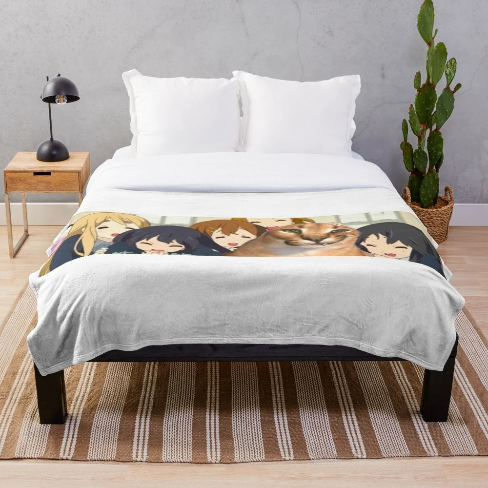 Caracal and anime girl plush blanket featuring the popular "Big Floppa" meme