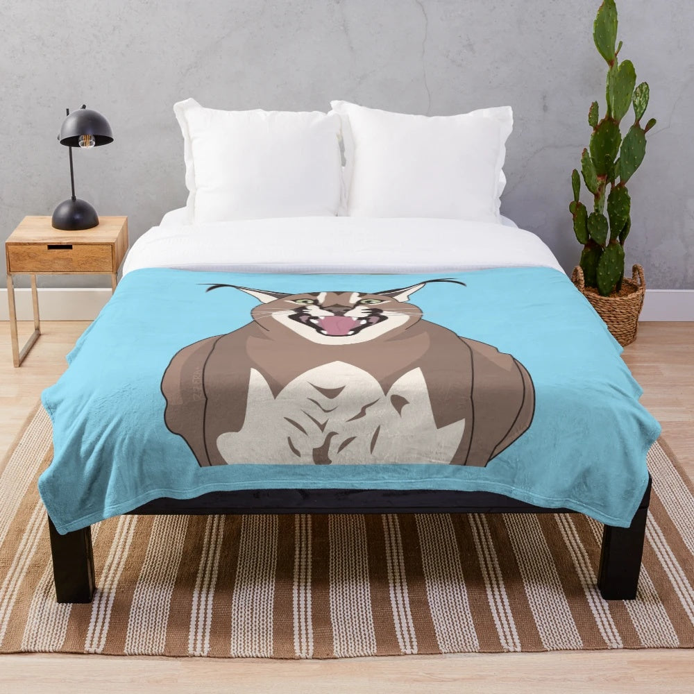 Big Floppa inspired caracal plush blanket with a smiling design