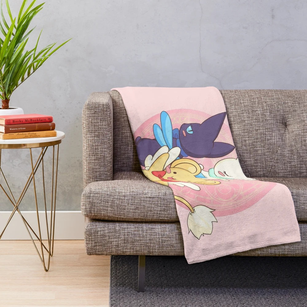 Cardcaptor Sakura inspired plush blanket featuring the three guardians Kero, Spinel, and Momo in a cozy and kawaii design