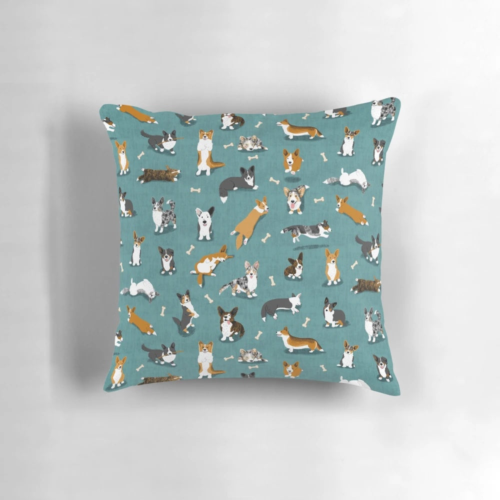 Cardigan Welsh Corgi dog breed pattern on a teal decorative throw pillow