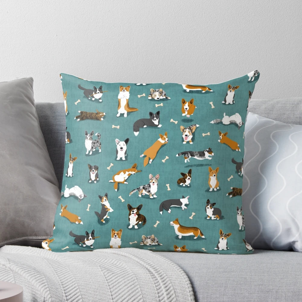 Cardigan Welsh Corgi dog breed pattern on a teal decorative throw pillow