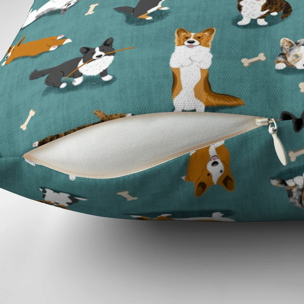 Cardigan Welsh Corgi dog breed pattern on a teal decorative throw pillow