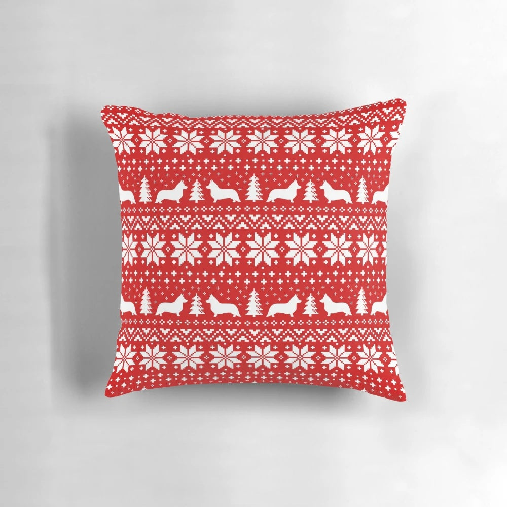 A pillow featuring the silhouette of a Cardigan Welsh Corgi in a festive Christmas pattern.