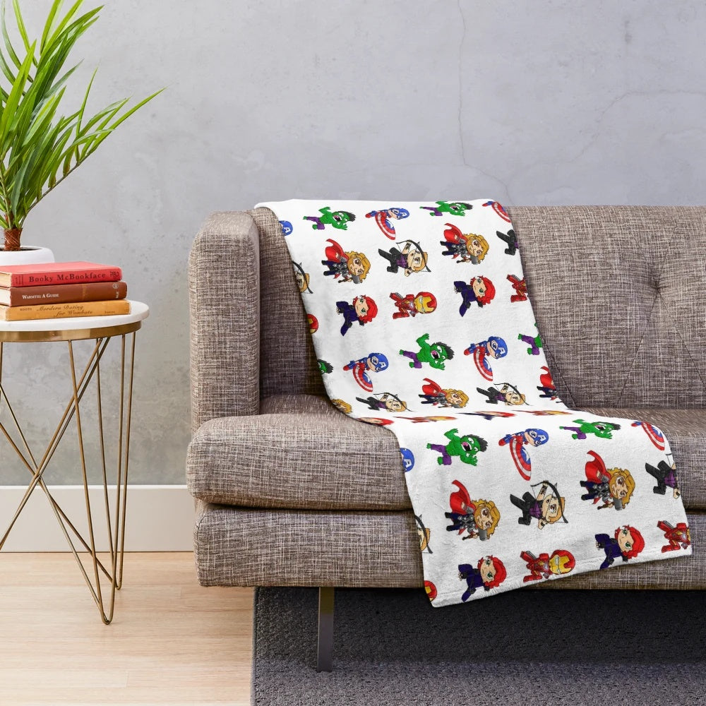 Caricature cinema heroes plush blanket featuring popular superhero characters
