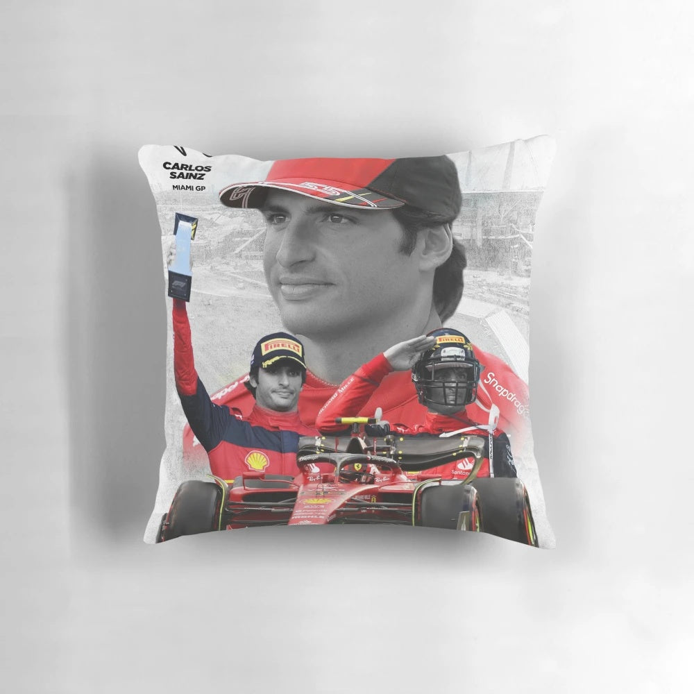 Pillow featuring an illustration of Formula 1 driver Carlos Sainz