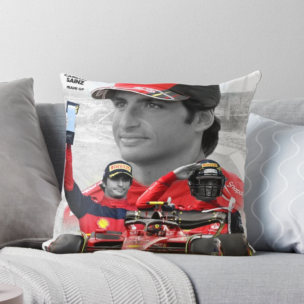 Pillow featuring an illustration of Formula 1 driver Carlos Sainz