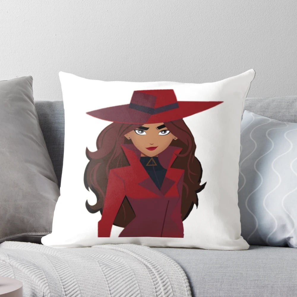 Carmen Sandiego themed pillow with iconic character design, perfect for Netflix fans and home decor enthusiasts.