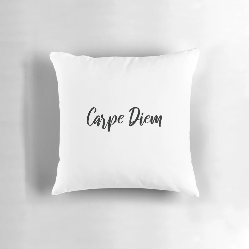 Carpe Diem inspirational pillow featuring a Latin phrase for motivating and uplifting your day