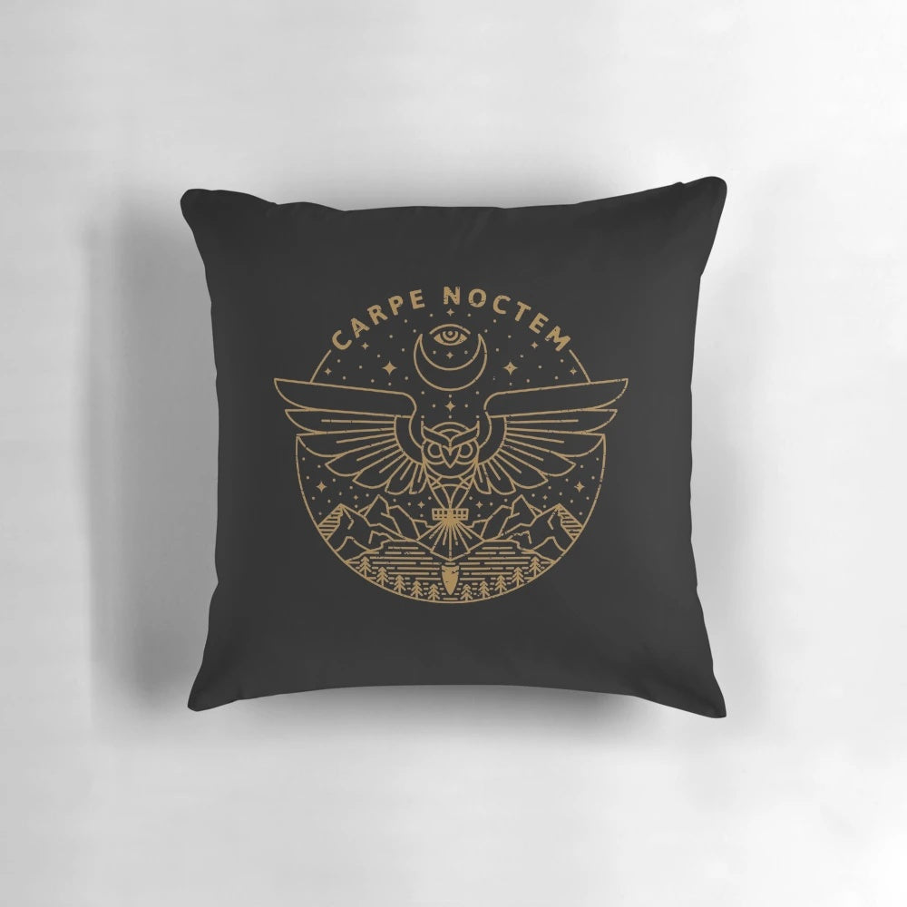 Carpe Noctem night owl pillow with a stylish monoline design and a crescent moon backdrop