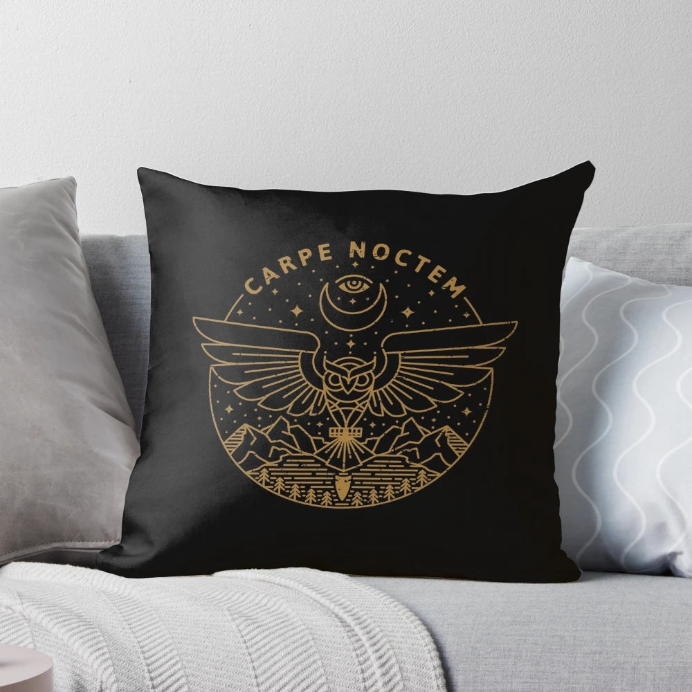 Carpe Noctem night owl pillow with a stylish monoline design and a crescent moon backdrop