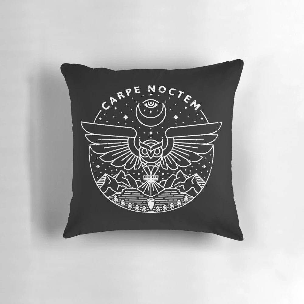 Carpe Noctem midnight owl-themed white pillow with monoline design