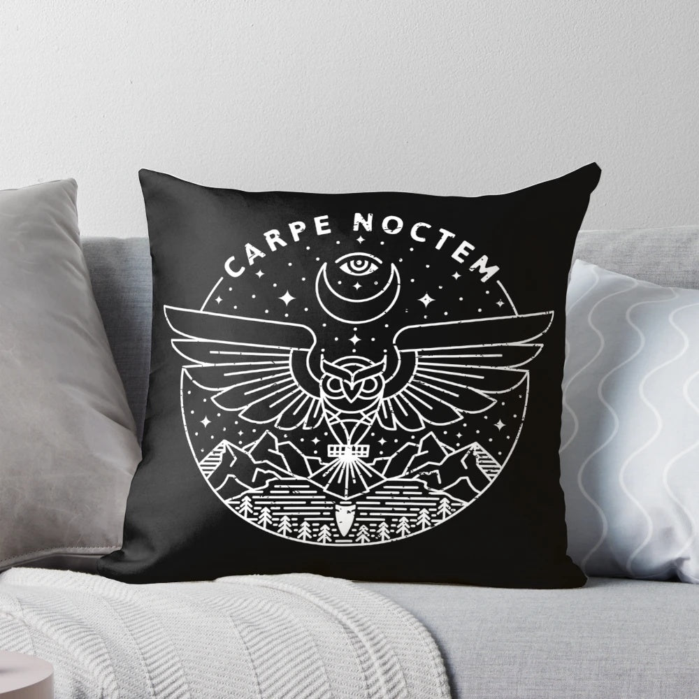 Carpe Noctem midnight owl-themed white pillow with monoline design