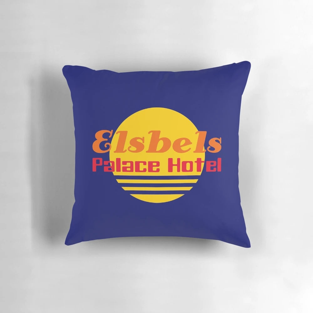 Carry On Abroad-themed Pillow with Elsbels Palace Hotel Imagery