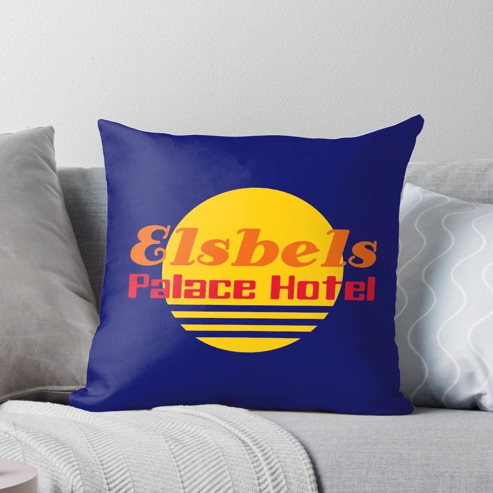 Carry On Abroad-themed Pillow with Elsbels Palace Hotel Imagery
