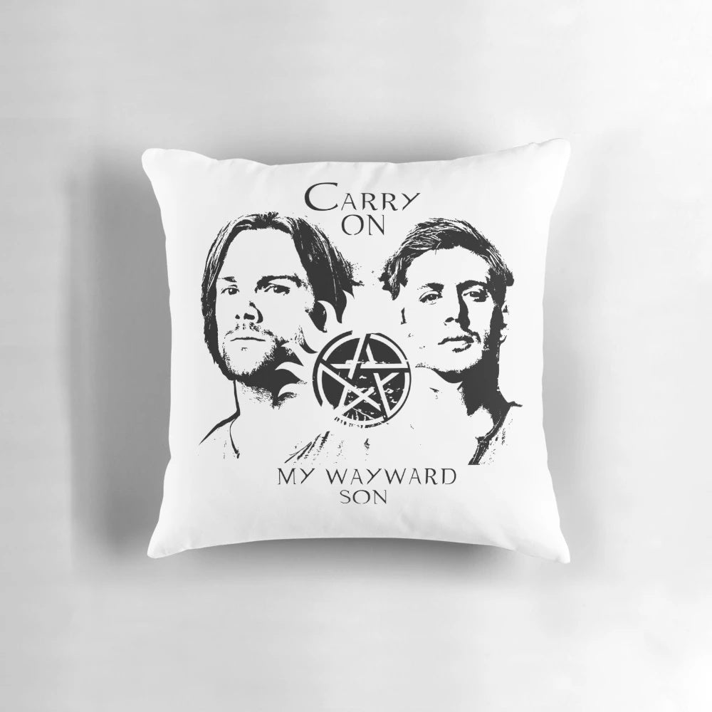 Supernatural Wayward Son Pillow featuring the Winchesters from the TV show Carry On